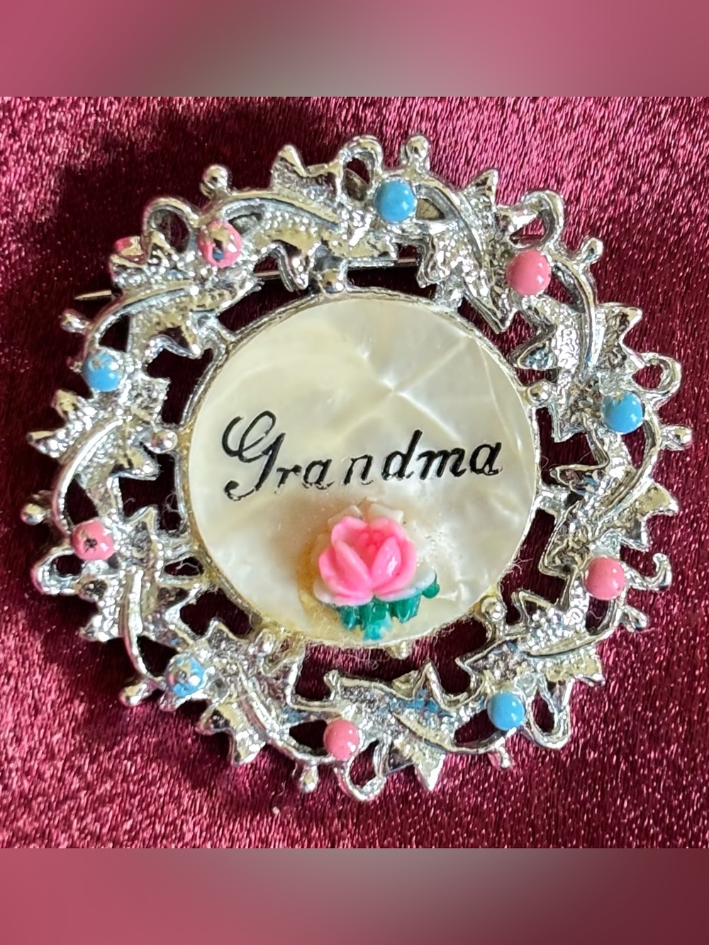 Grandma Silver-Tone Mother of Pearl Brooch with Pink Rose